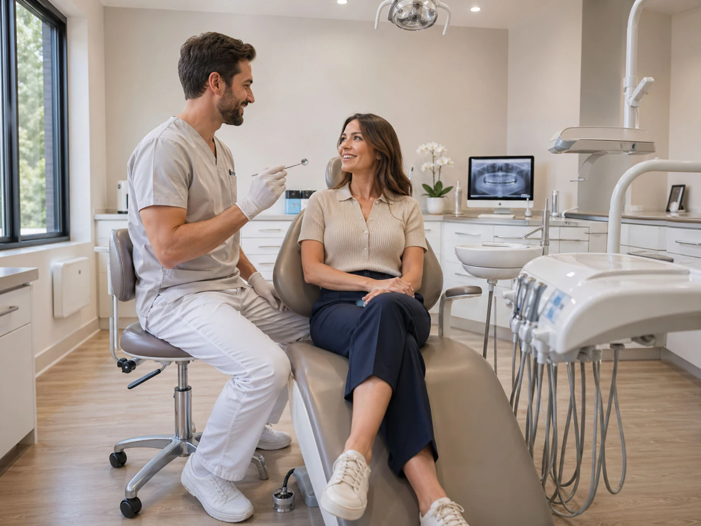 A dentist and patient talking before an appointment in a bright surgery